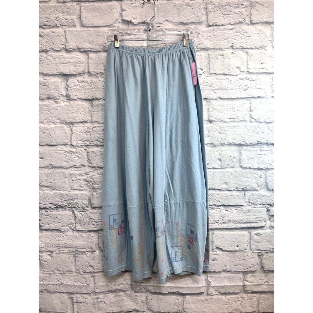 Barclay Wide Leg Pants Womens L Light Blue Good Organic Cotton Hand‎ Printed
